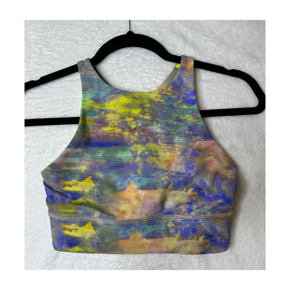 Lululemon Energy Bra High Neck Longline Womens 4 Multicolor Abstract Neon